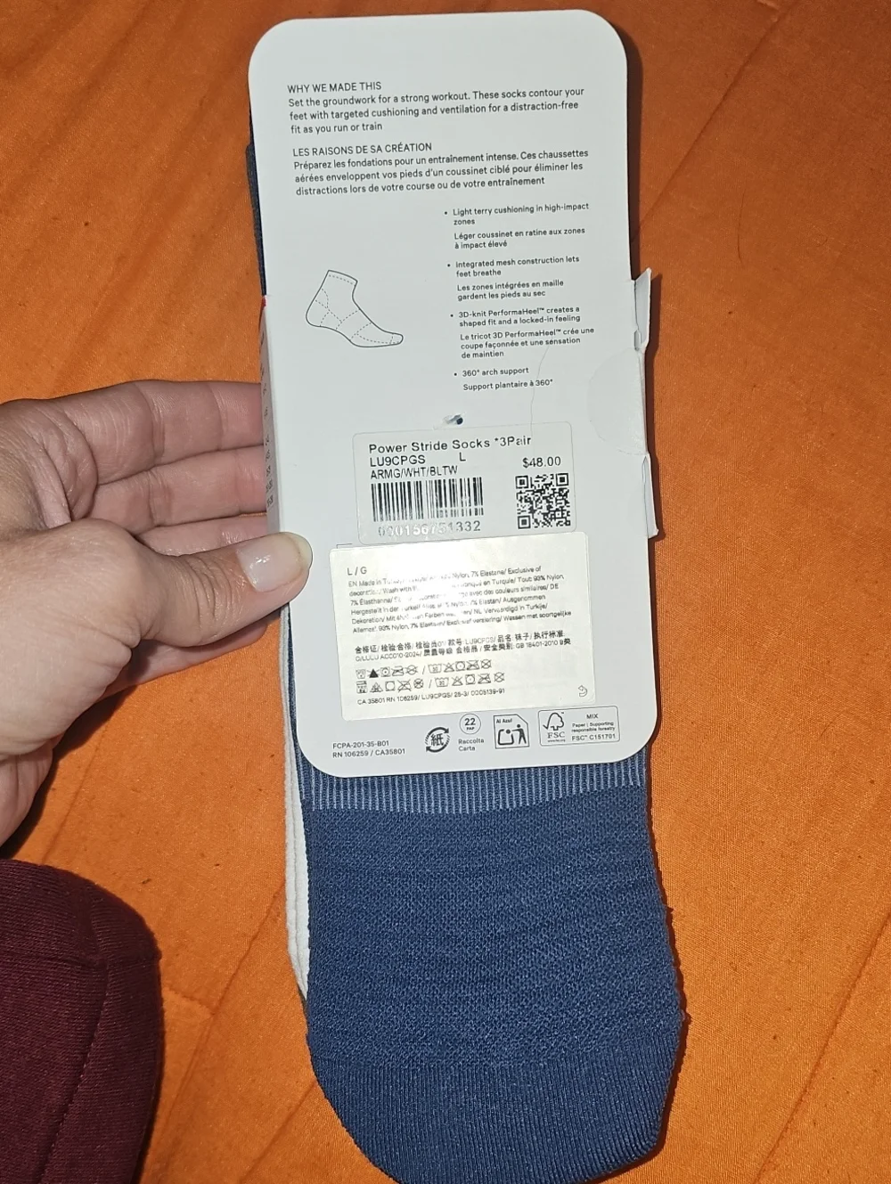 Lululemon Power Stride Socks, 3 Pair!! Nwts! ARMG/WHT/BLTW!! Sz Large